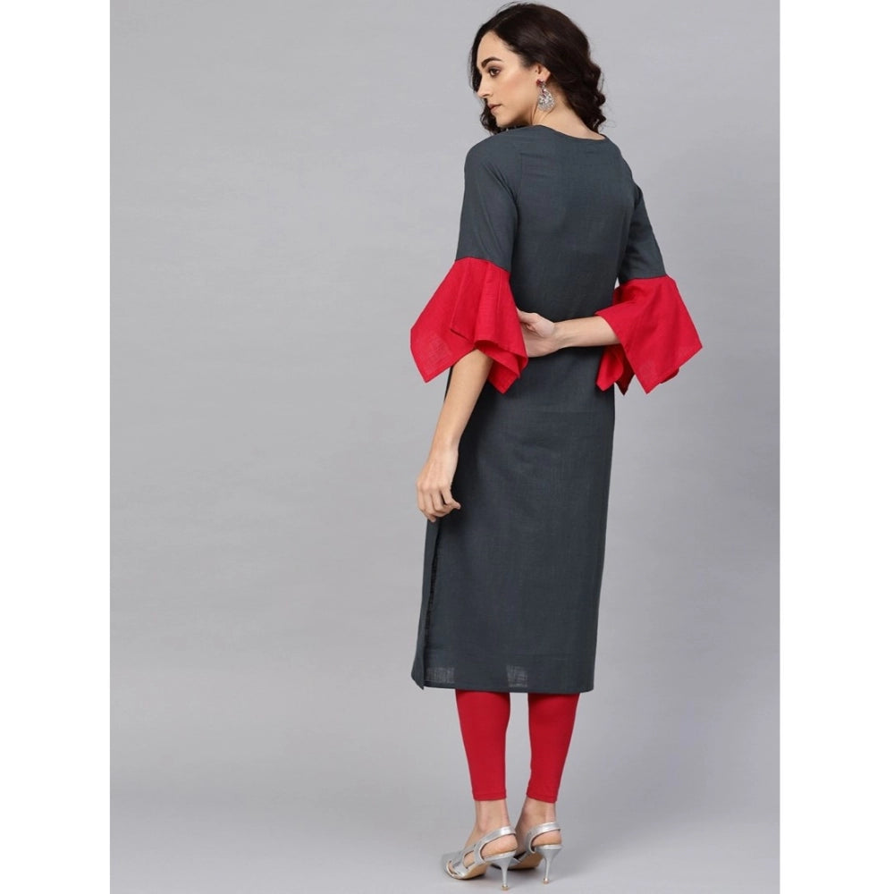 Women's Casual Bell Sleeves Mirror Work Cotton Slub Kurti (Grey)