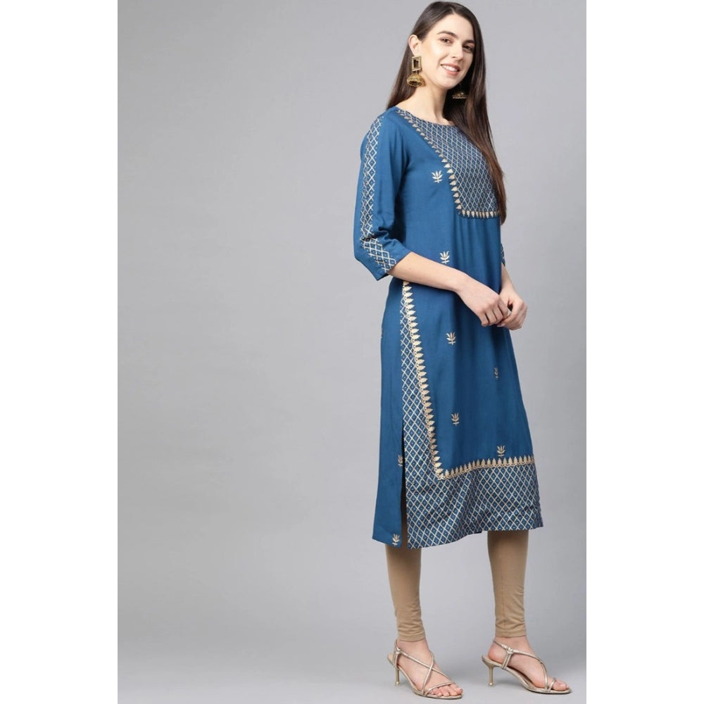 Women's Casual 3/4 th Sleeve Floral Printed Rayon Kurti (Blue)
