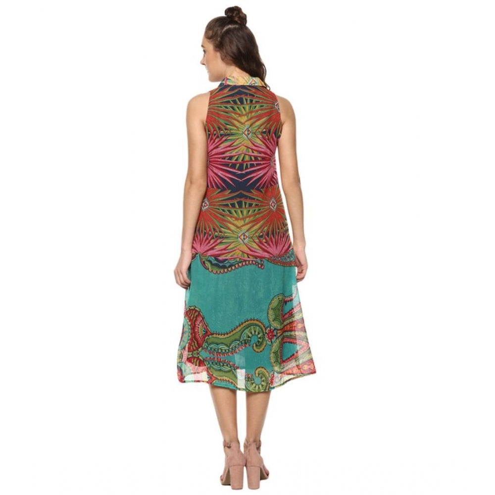 Women's Polyester Floral Sleeveless Below Knee Dress (Multicolor)