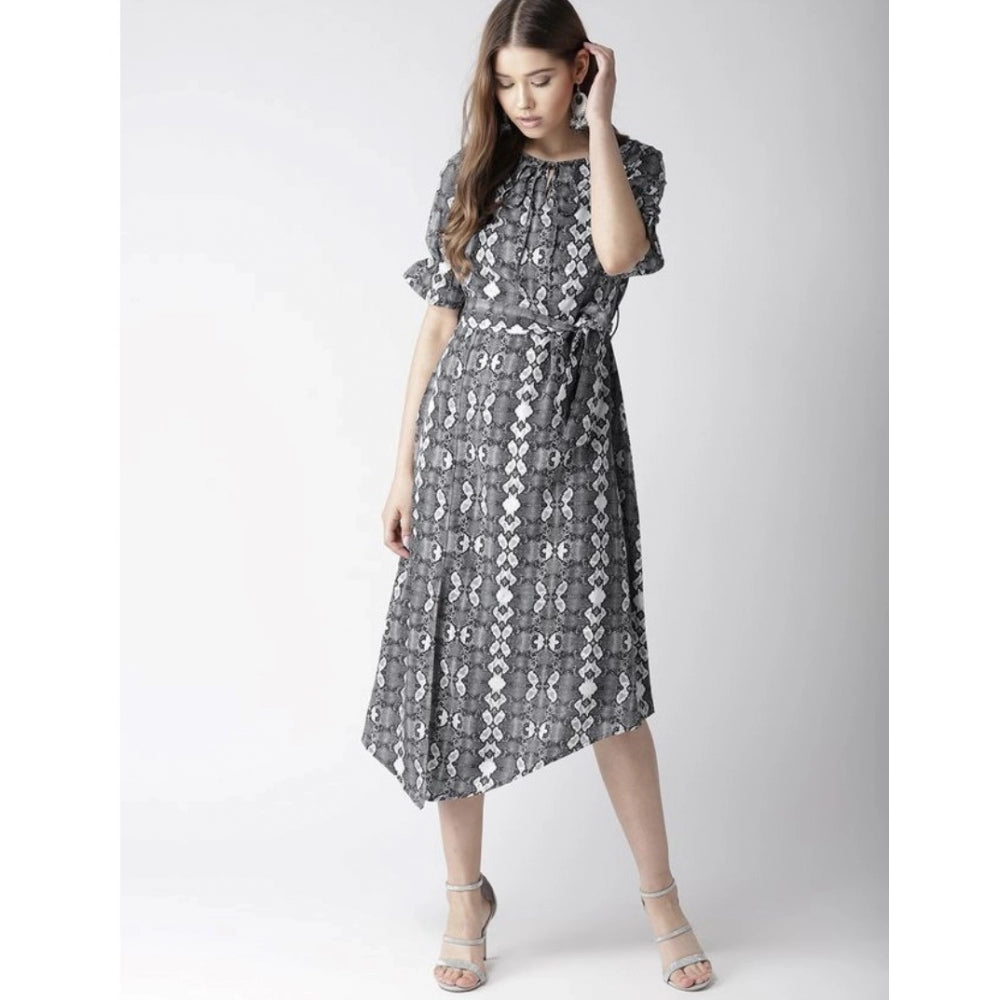 Women's Polyester Animal Print Short Sleeve Knee-Length Dress (Black - White)