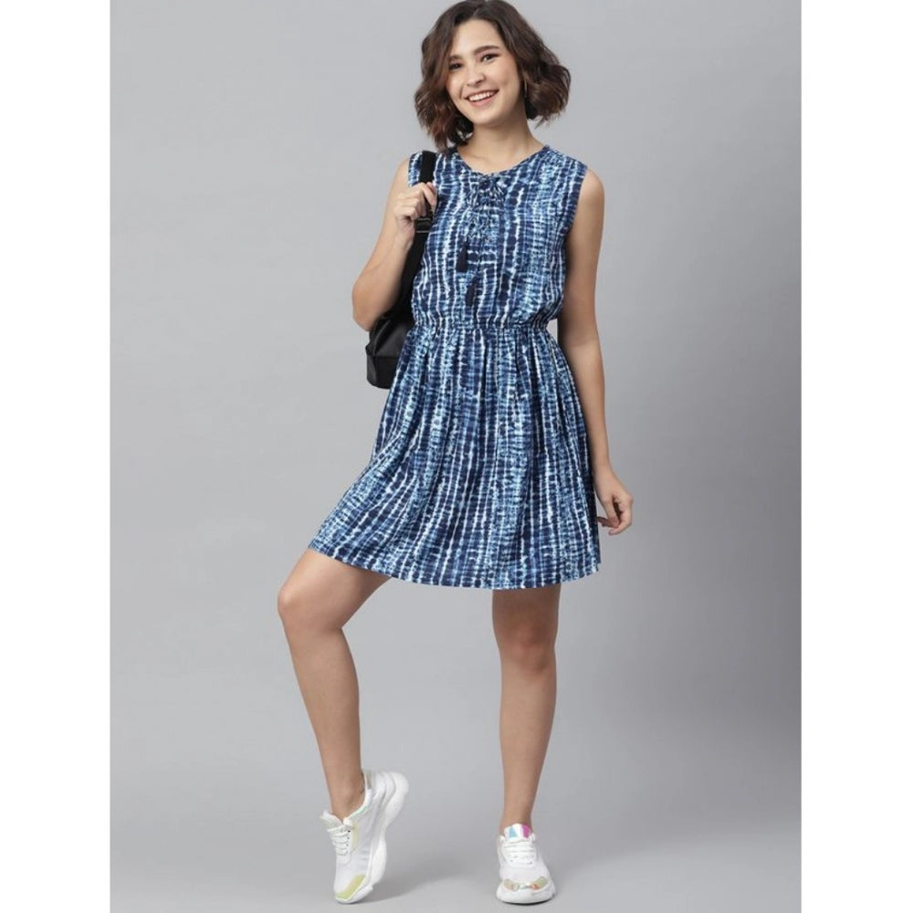 Women's Rayon Tie &amp; Dye Sleeveless Above Knee Dress (Blue)