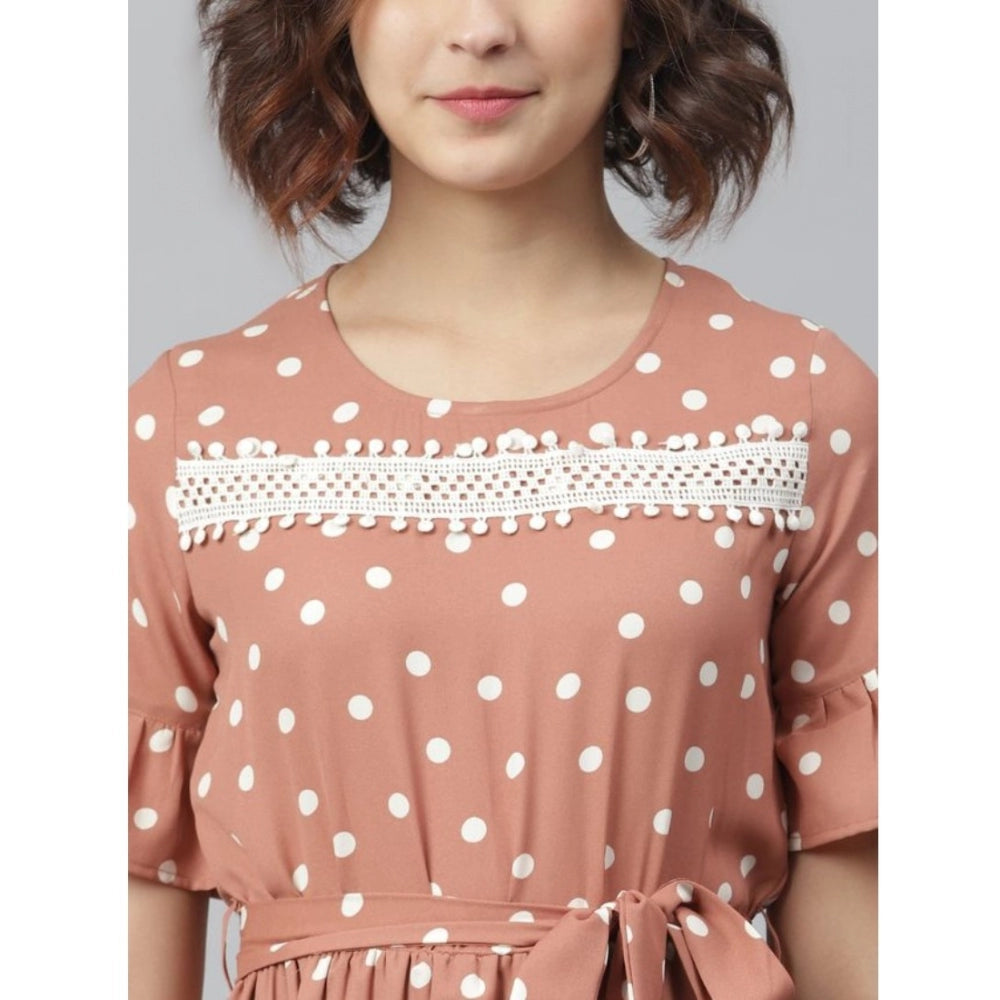 Women's Polyester Polka Bell Sleeve Above Knee Dress (Brown)