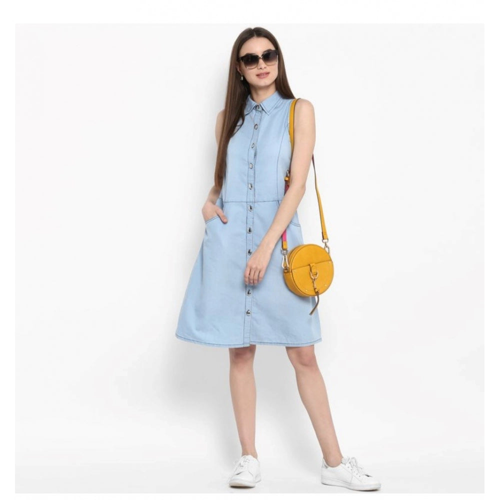 Women's Denim Solid Sleeveless Below Knee Dress (Blue)