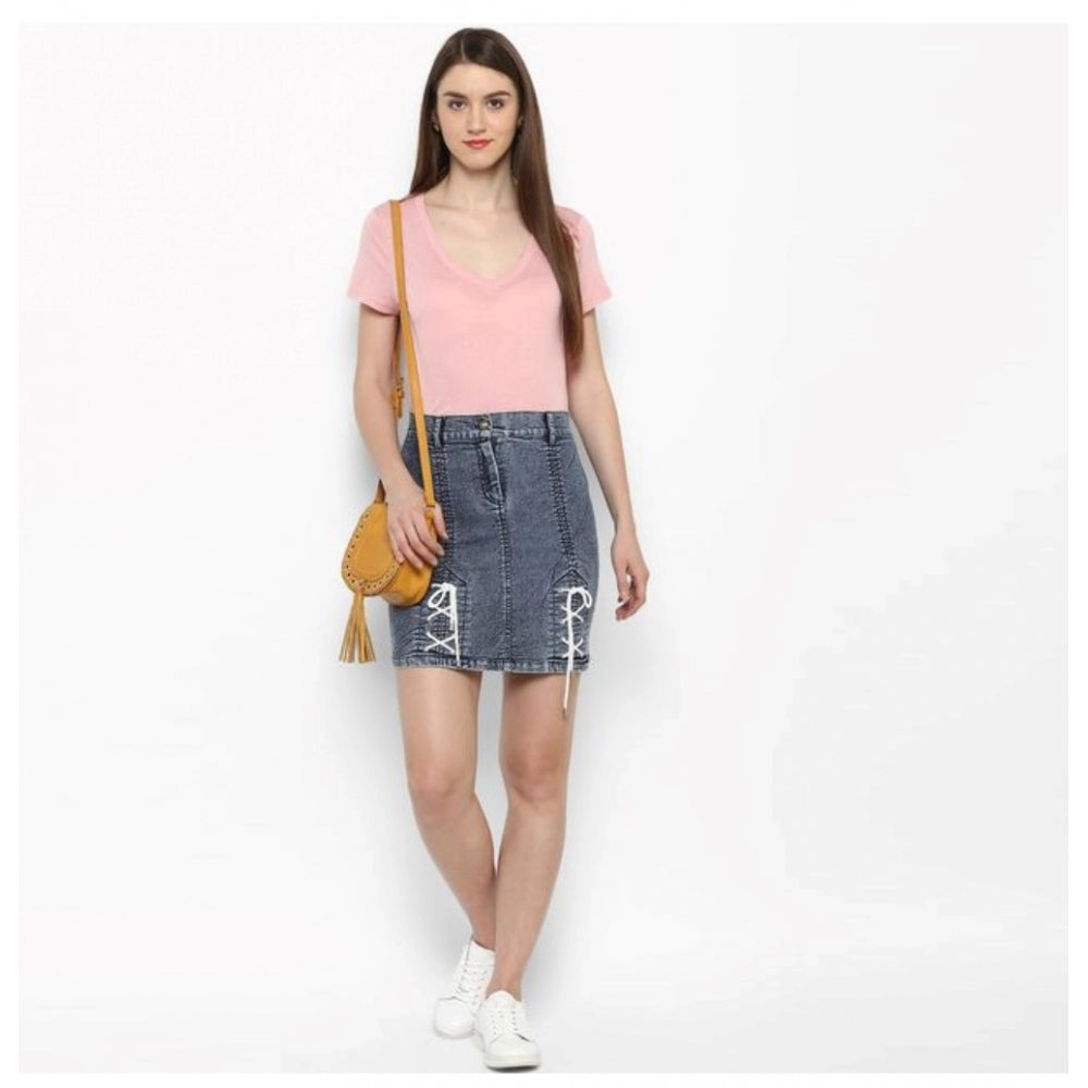 Women's Denim Tie Up Buttoned Skirt (Blue)
