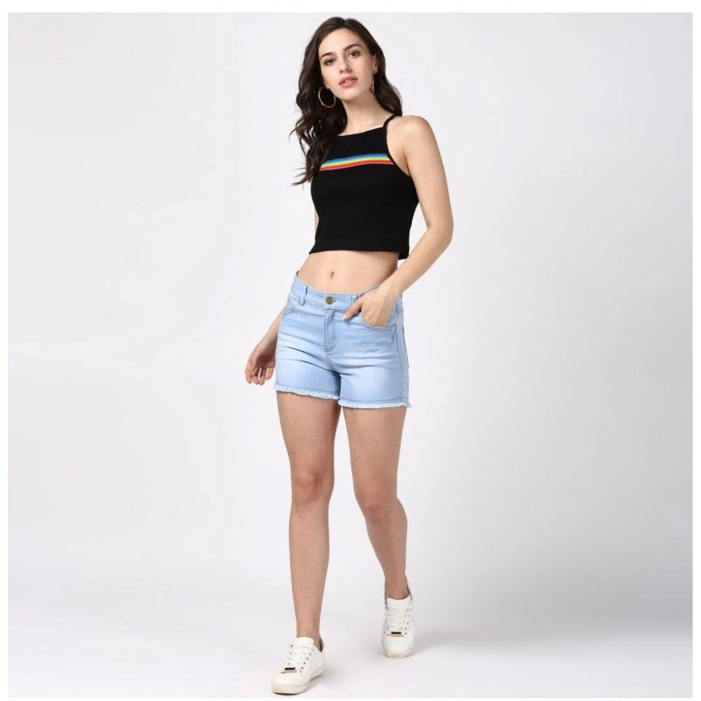 Women's Denim Solid Buttoned Shorts (Blue)