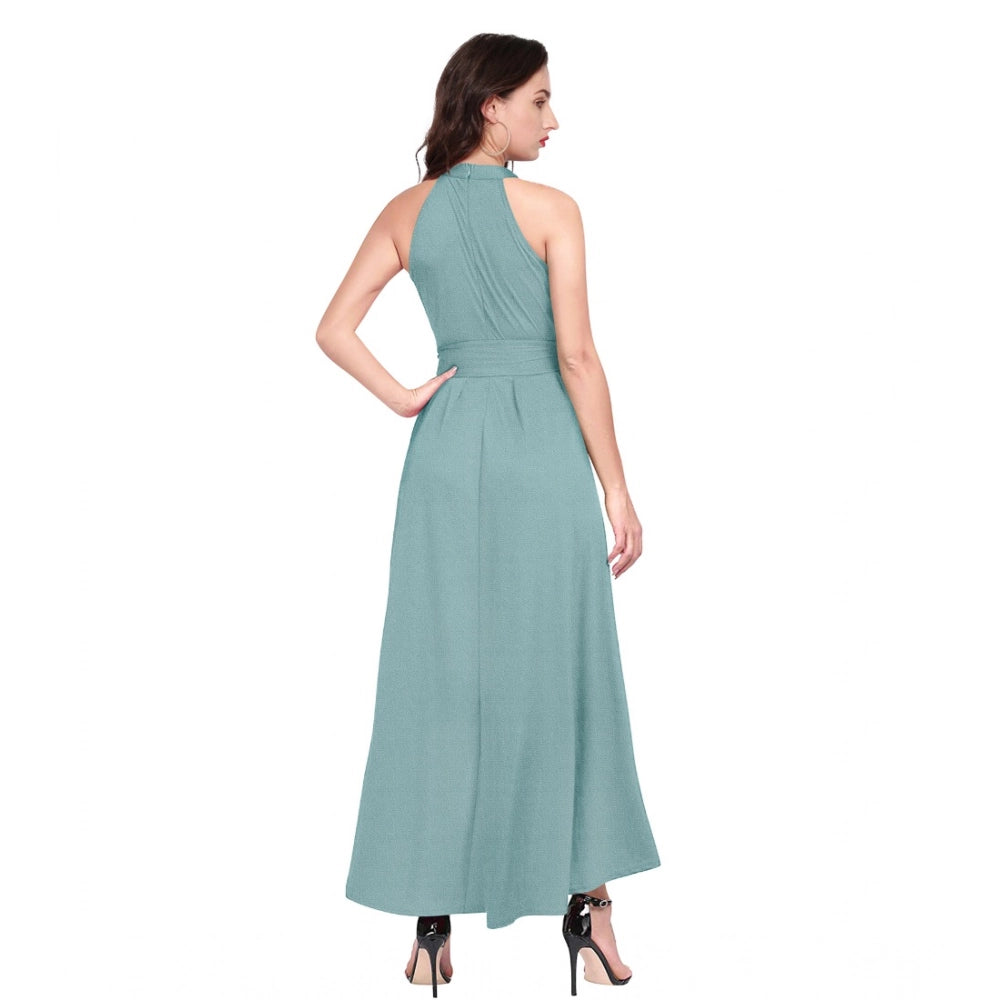 Women's Polyester Solid Halter Neck Sleeveless Dress (Pista)