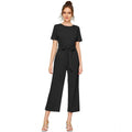 Women's Knitting stretchable Solid Round Neck Cap Sleeve Jumpsuit (Black)