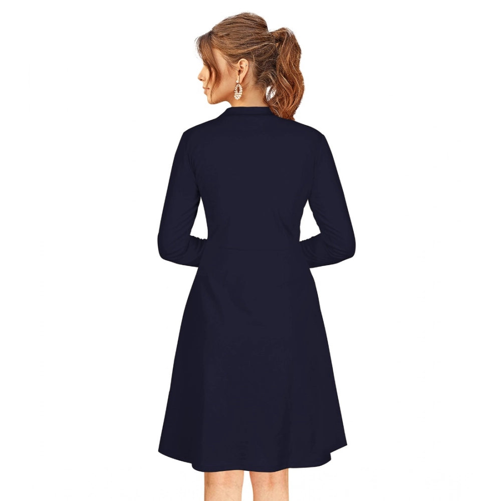 Women's Knitting stretchable Solid Round Neck Full Sleeve Dress (Blue)