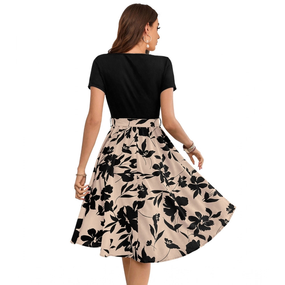 Women's Knitting Printed Round Neck Short Sleeve Dress (Cream)
