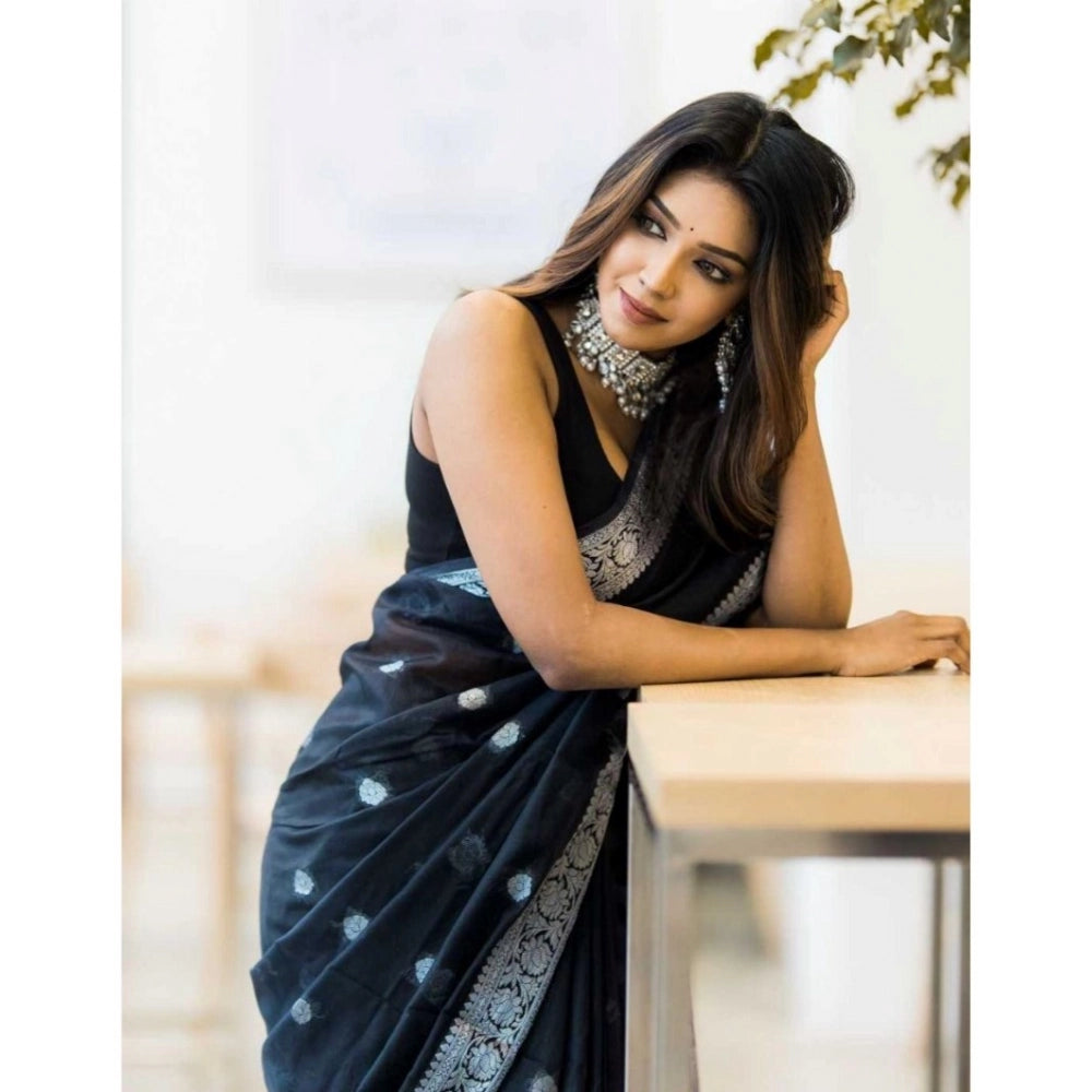Women's Cotton  Printed Saree With Unstitched Blouse 5.5Mtr (Black)