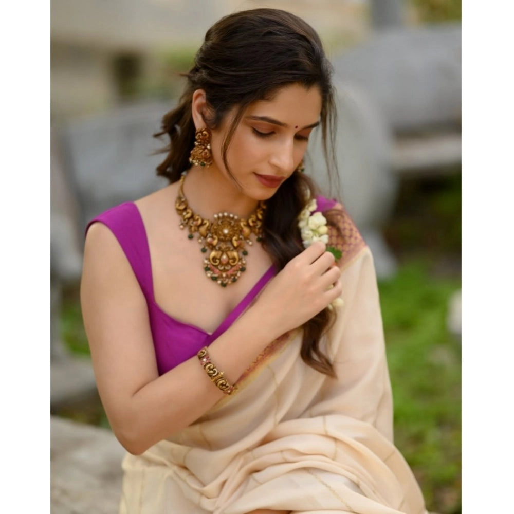 Women's Silk Printed Saree With Unstitched Blouse 5.5Mtr (Off White-Pink)