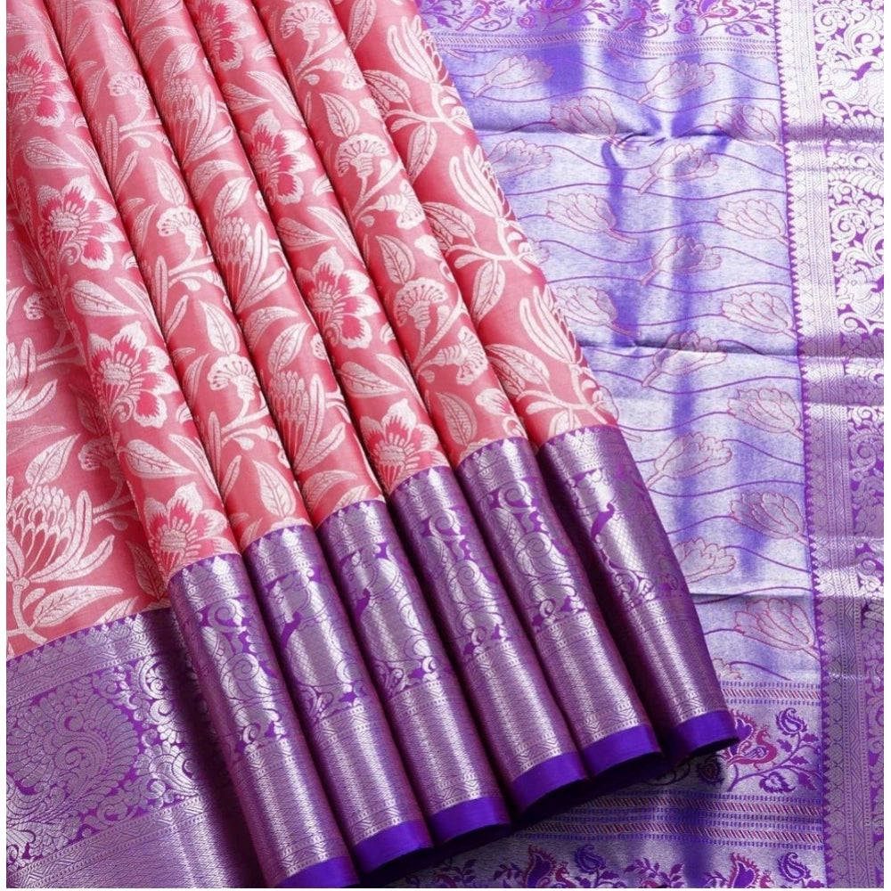 Women's Soft Lichi Silk Printed Saree With Unstitched Blouse 5.5Mtr (Purple)