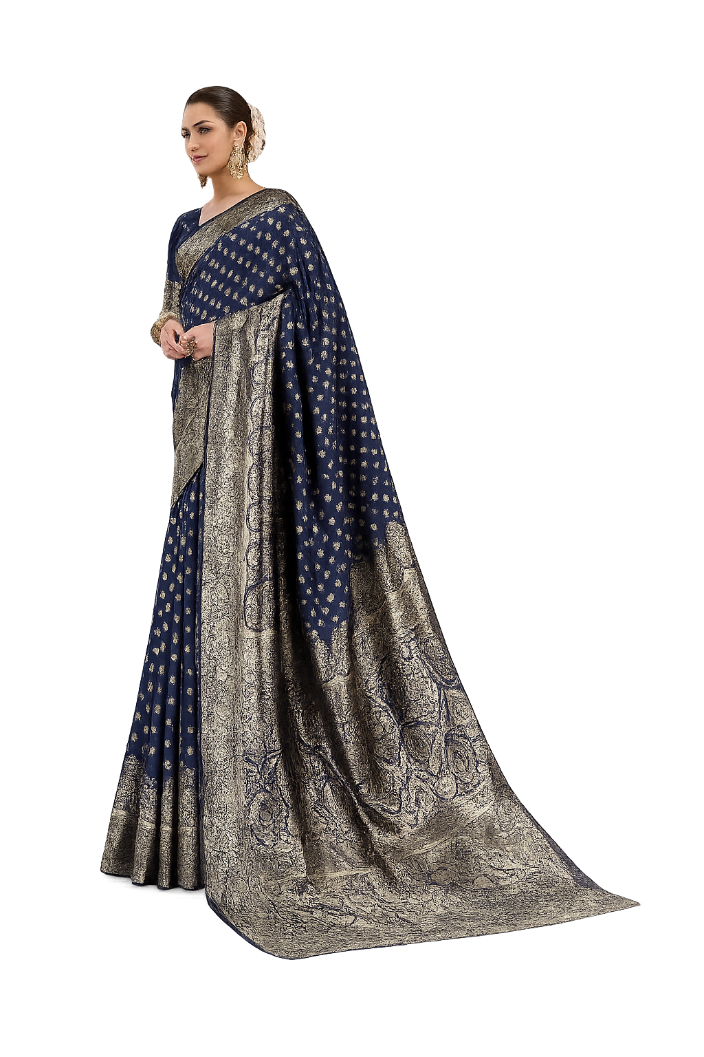 AXONIT Women's Silk Blend Banarasi Jacquard Classic Motif Design Saree with Unstitched Blouse Piece