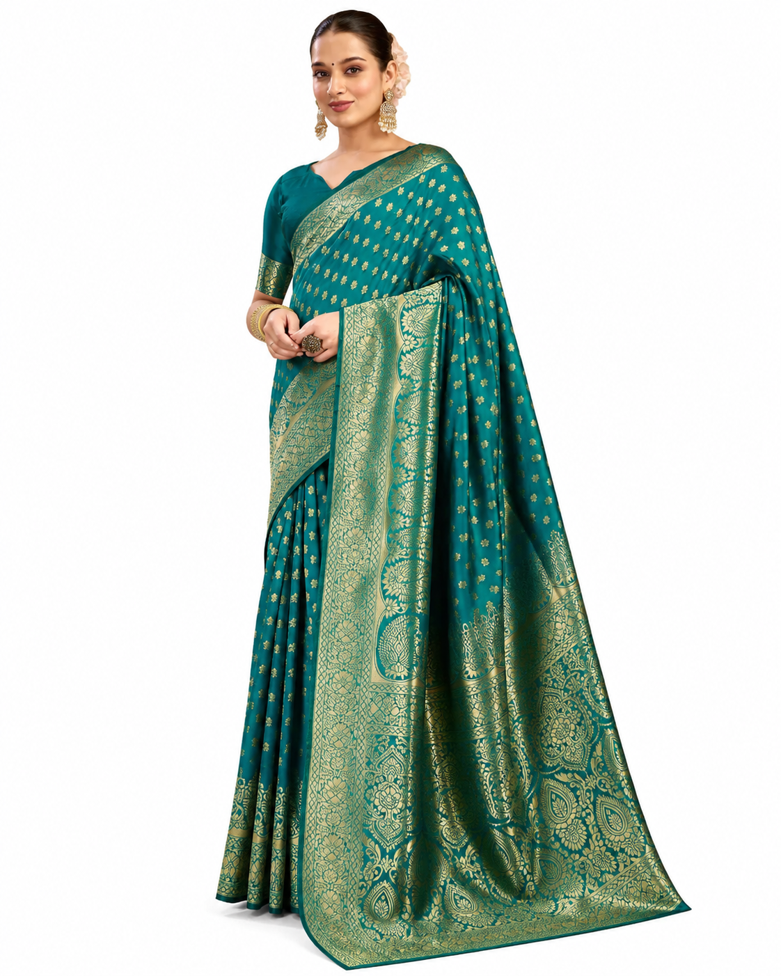 AXONIT Women's Silk Blend Banarasi Jacquard Classic Motif Design Saree with Unstitched Blouse Piece