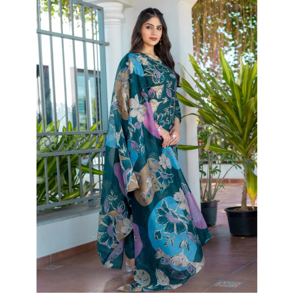 Women's Cotton Blend Printed Kurti With Pant Dupatta Set (Rama)