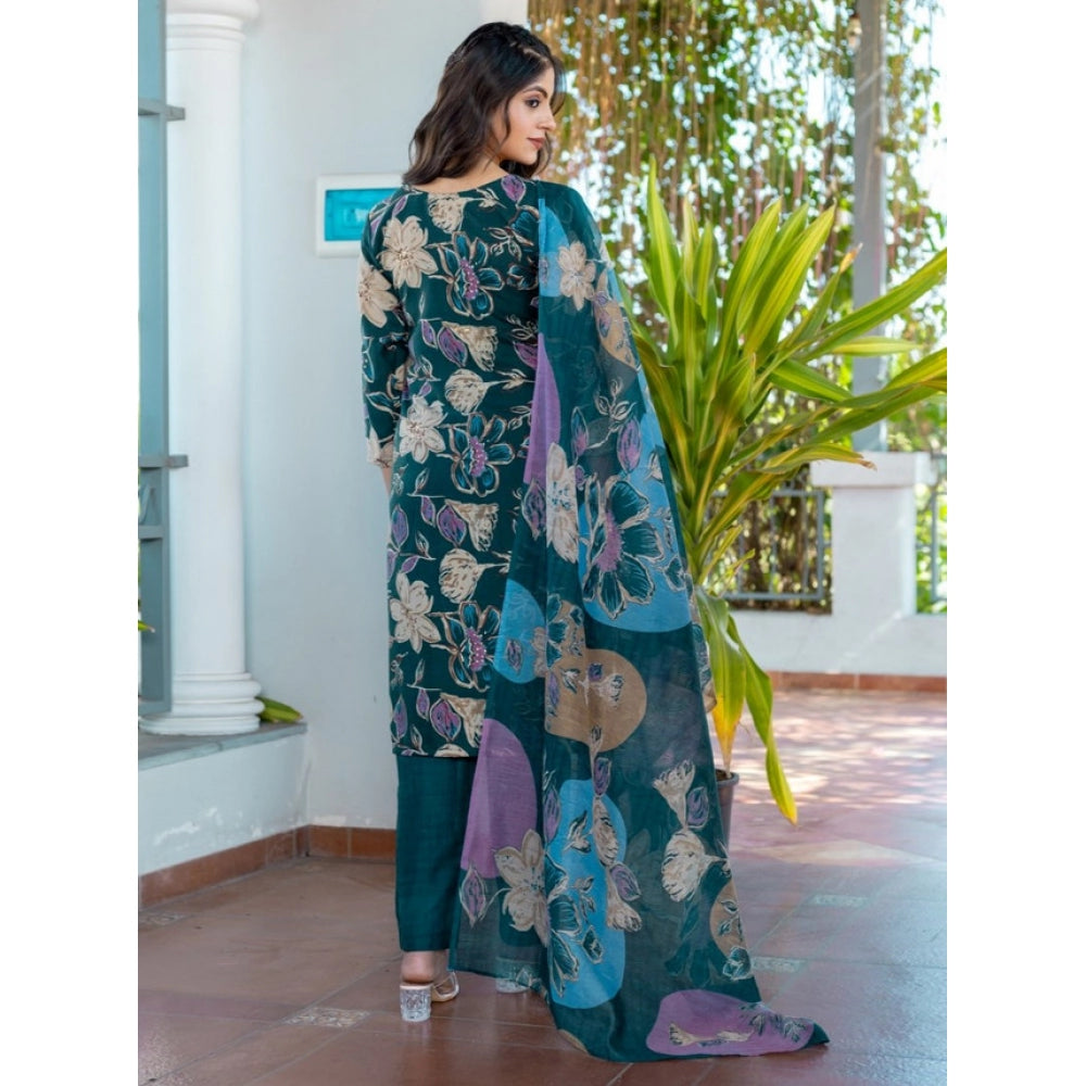 Women's Cotton Blend Printed Kurti With Pant Dupatta Set (Rama)