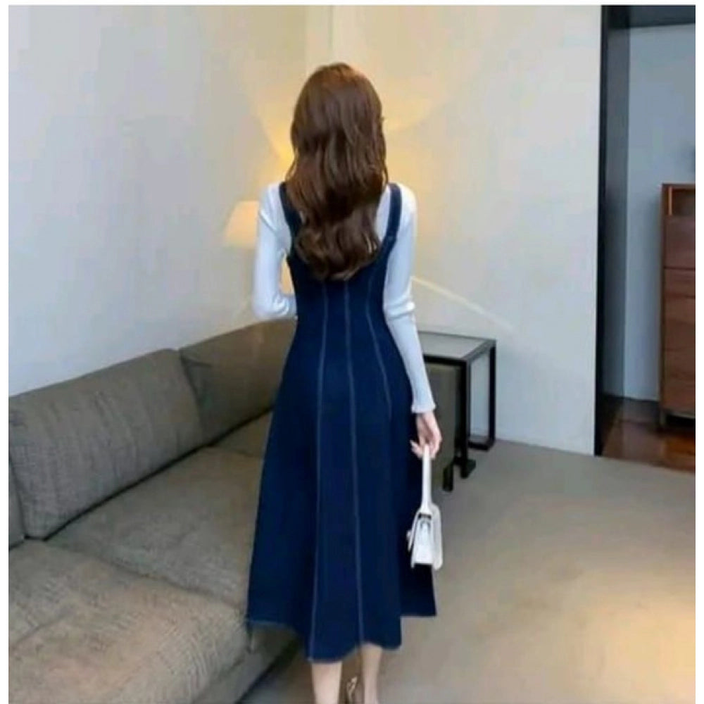 Women's Casual Denim Sleeveless Dress (Blue)
