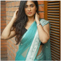 Women's Soft Lichi Silk Printed Saree With Unstitched Blouse 5.5Mtr (Sky-Blue)