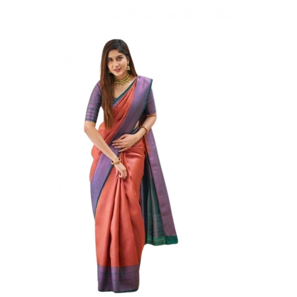 Women's Soft Lichi Silk Printed Saree With Unstitched Blouse 5.5Mtr (Orange)