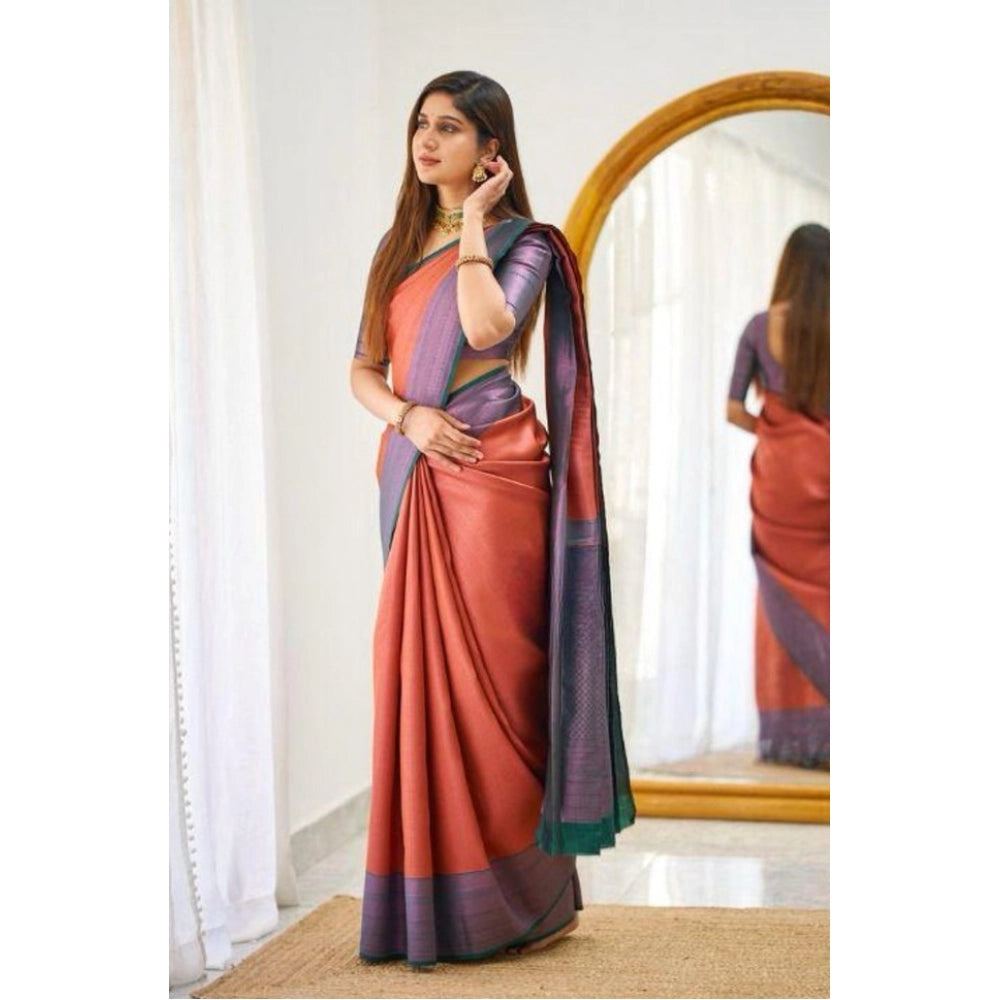 Women's Soft Lichi Silk Printed Saree With Unstitched Blouse 5.5Mtr (Orange)