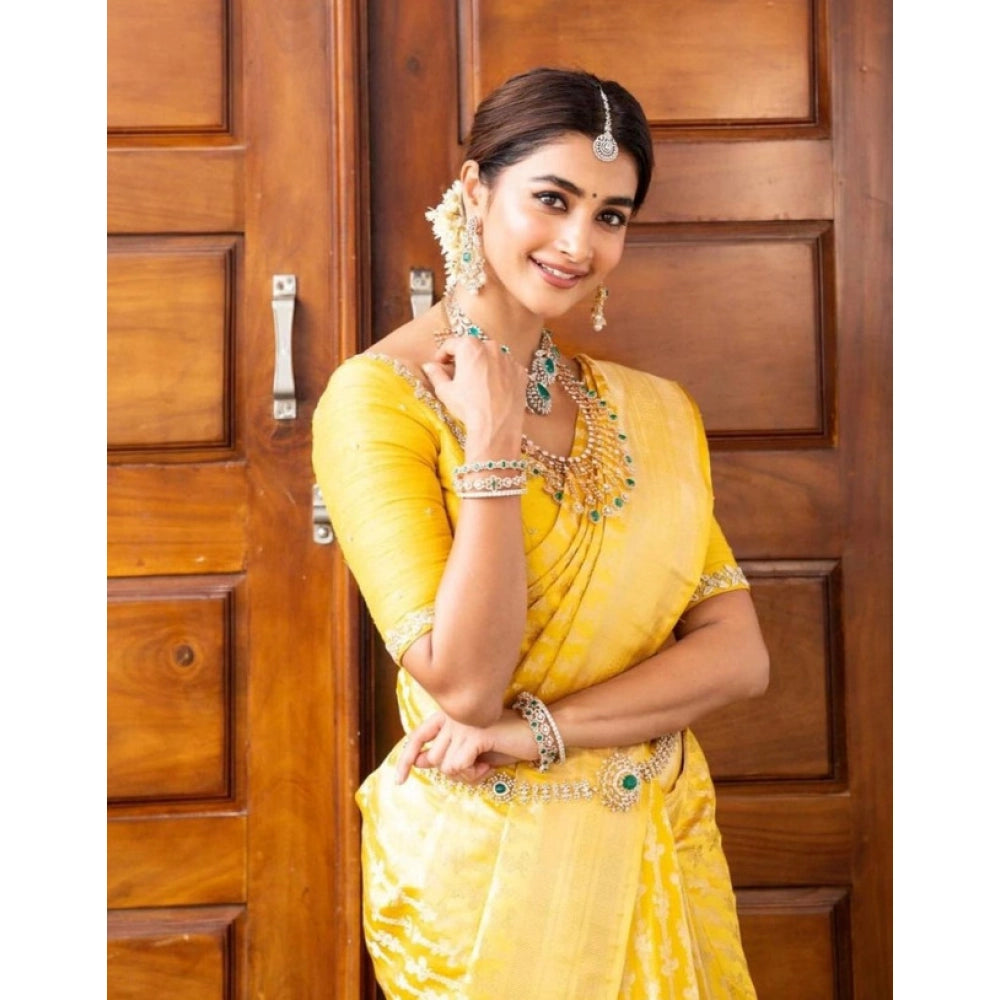 Women's Soft Lichi Silk Printed Saree With Unstitched Blouse 5.5Mtr (Yellow)