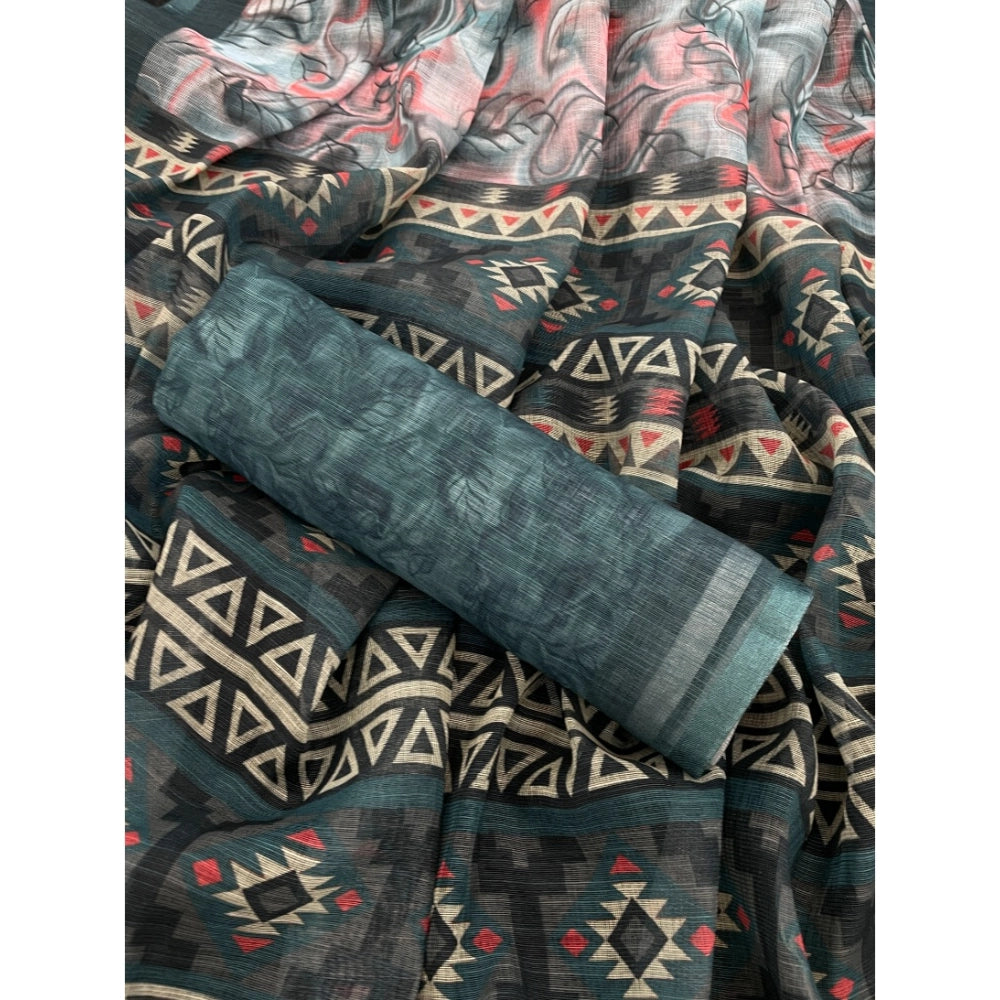 Women's Linen Cotton  Printed Saree With Unstitched Blouse 5.5Mtr (Blue)