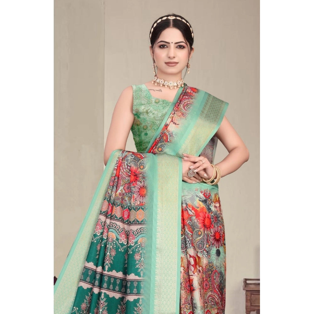 Women's Cotton Silk  Printed Saree With Unstitched Blouse 5.5Mtr (Light Green)