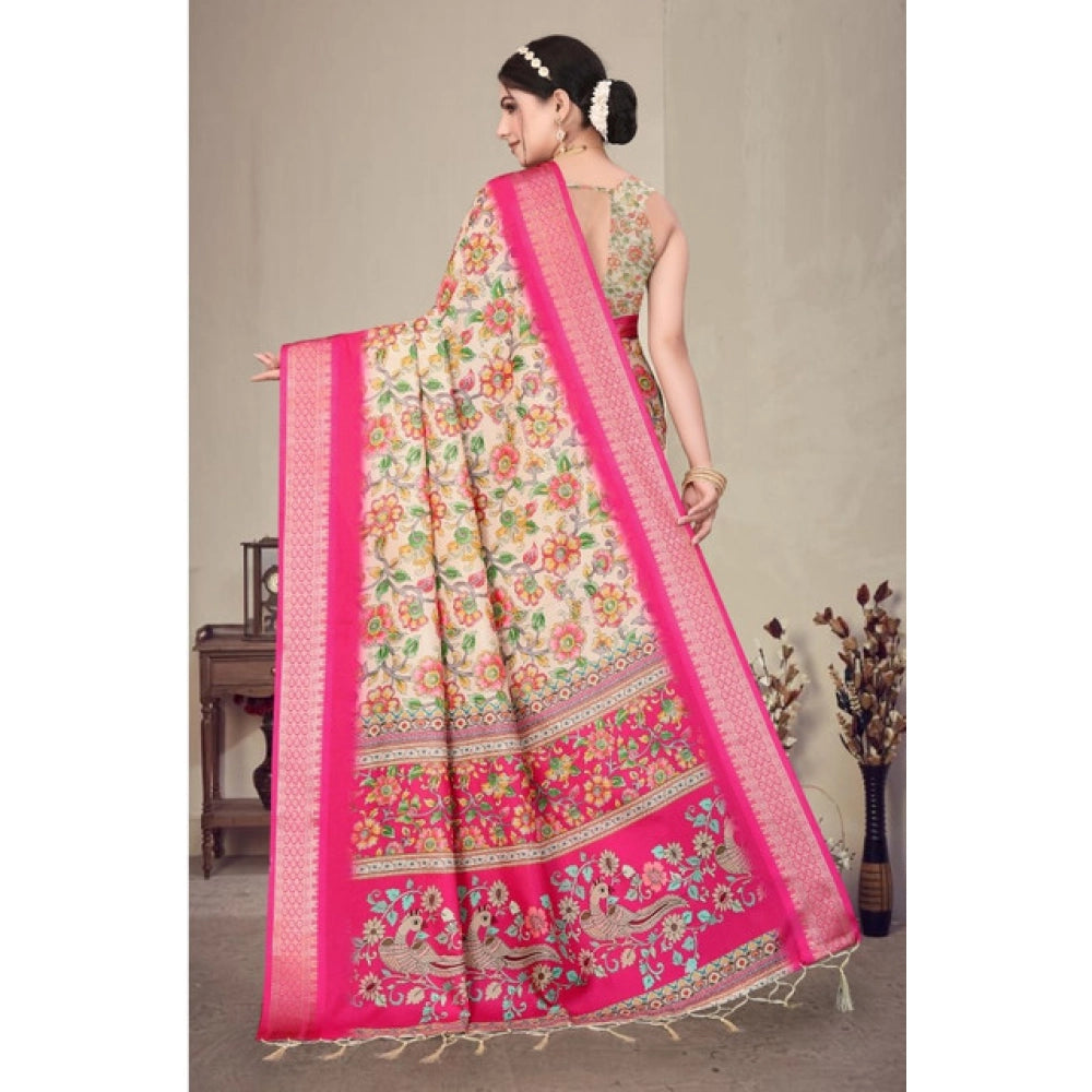 Women's Cotton Silk  Printed Saree With Unstitched Blouse 5.5Mtr (Pink)