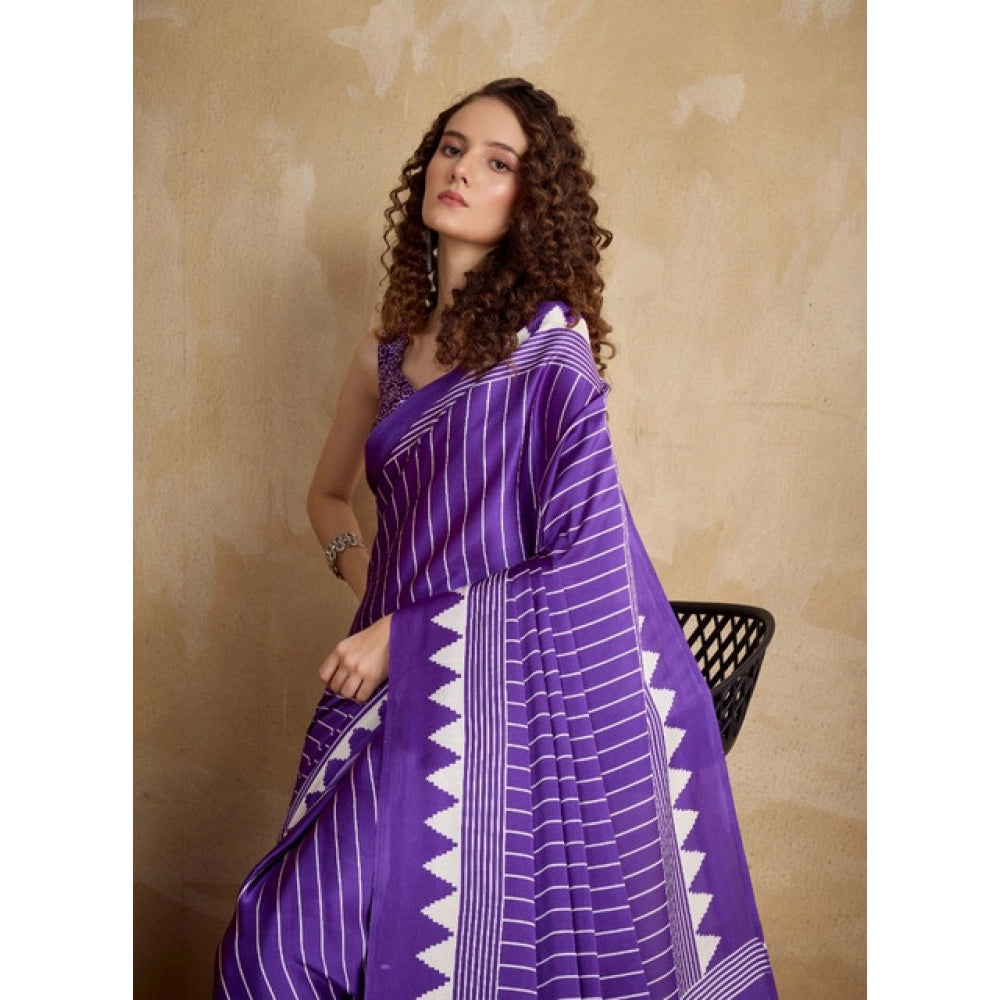 Women's Satin Crepe Printed Saree With Unstitched Blouse 5.5Mtr (Lavender)