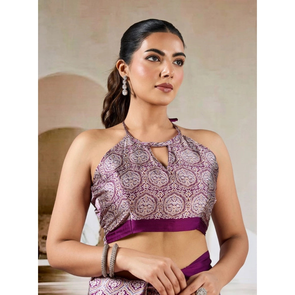 Women's Satin Crepe Printed Saree With Unstitched Blouse 5.5Mtr (Purple)