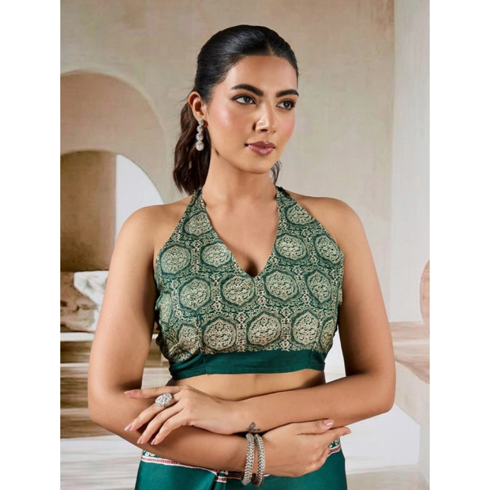 Women's Satin Crepe Printed Saree With Unstitched Blouse 5.5Mtr (Green)