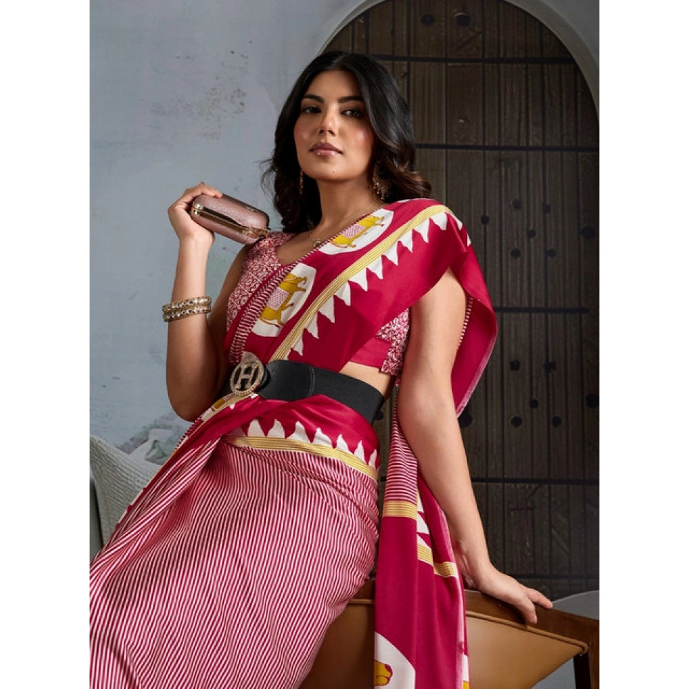 Women's Satin Crepe Printed Saree With Unstitched Blouse 5.5Mtr (Red)