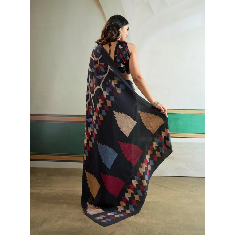 Women's Satin Crepe Printed Saree With Unstitched Blouse 5.5Mtr (Black)