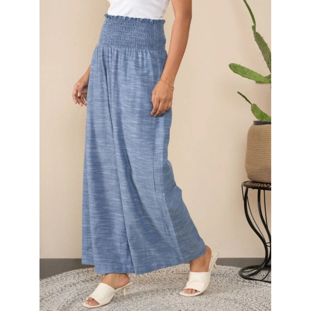 Women's Cotton Self Design Smocked Trousers (Blue)